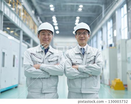 Confident team in workwear on a manufacturing plant floor 130003732