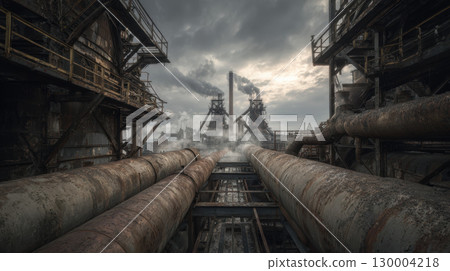 Rusty pipe, decaying industrial complex, smoke, overcast sky, abandoned, dramatic mood 130004218