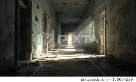 Crumbling asylum hallway peeling paint faint light abandoned eerie decay old building 130004229