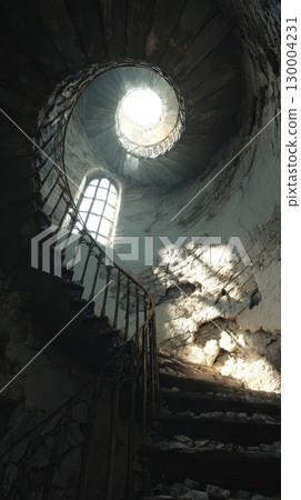 Crumbling lighthouse interior spiral staircase, sunlight, rustic, dramatic, abandoned 130004231