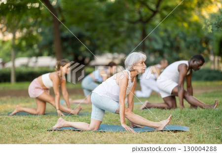 Elderly woman doing Half Monkey Pose during group yoga in park Elderly woman doing Half Monkey Pose during group yoga in park 130004288
