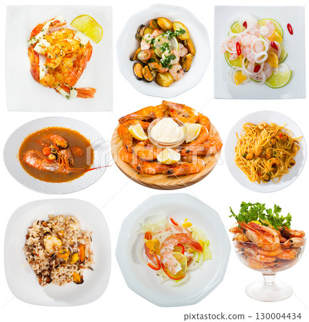 Plates of tasty shrimp dishes Plates of tasty shrimp dishes 130004434