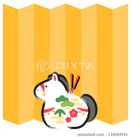 馬年新年賀卡材料 | 屏風和馬形陶鈴的方形橫幅插圖 130004591