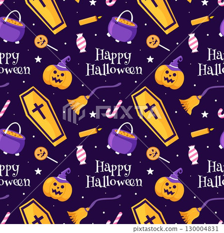 Happy Halloween Night Festival Seamless Pattern Design with Spooky Elements in a Cartoon Illustration Template Happy Halloween Night Festival Seamless Pattern Design with Spooky Elements in a Cartoon Illustration Template 130004831