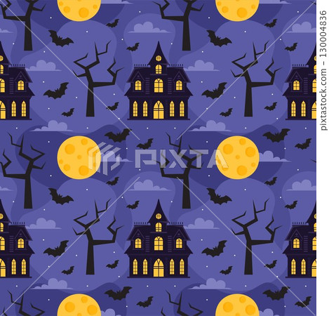 Happy Halloween Night Festival Seamless Pattern Design with Spooky Elements in a Cartoon Illustration Template Happy Halloween Night Festival Seamless Pattern Design with Spooky Elements in a Cartoon Illustration Template 130004836