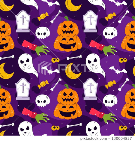 Happy Halloween Night Festival Seamless Pattern Design with Spooky Elements in a Cartoon Illustration Template 130004837