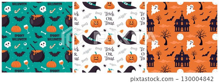 Happy Halloween Night Festival Seamless Pattern Design with Spooky Elements in a Cartoon Illustration Template 130004842