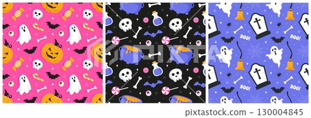 Happy Halloween Night Festival Seamless Pattern Design with Spooky Elements in a Cartoon Illustration Template 130004845