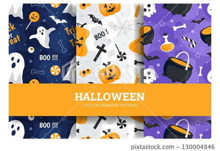 Happy Halloween Night Festival Seamless Pattern Design with Spooky Elements in a Cartoon Illustration Template 130004846