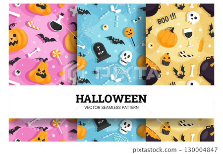Happy Halloween Night Festival Seamless Pattern Design with Spooky Elements in a Cartoon Illustration Template 130004847