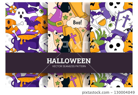 Happy Halloween Night Festival Seamless Pattern Design with Spooky Elements in a Cartoon Illustration Template 130004849