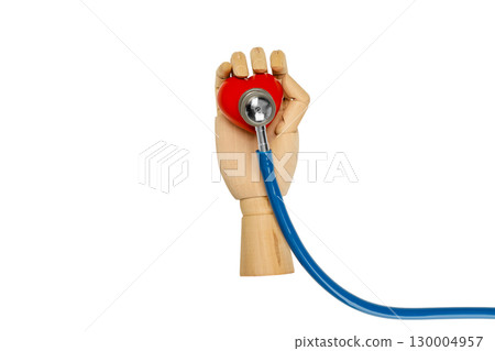 Wooden hand grasps red heart connected to stethoscope, isolated, PNG 130004957