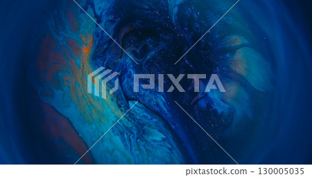 Paint oil fluid. Blur gasoline leak. Defocused purple orange color mix texture water glitter liquid flow on abstract art background. 130005035