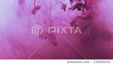 Pigment drop water. Steam flow. Purple paint drip in mystic liquid. Art color fume emulsion twist blend defocused abstract background. 130005038