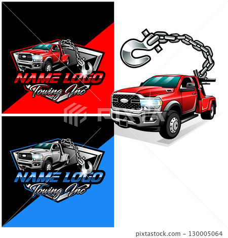 Towing company logo design vector template. Towing service and recovery logo design. Truck towing logo template 130005064