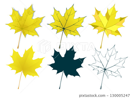 Set of hand-drawn yellow-gold autumn colored maple leaves isolated on white background. Flat and line styles vector illustration. Set of hand-drawn yellow-gold autumn colored maple leaves isolated on white background. Flat and line styles vector illustration. 130005247
