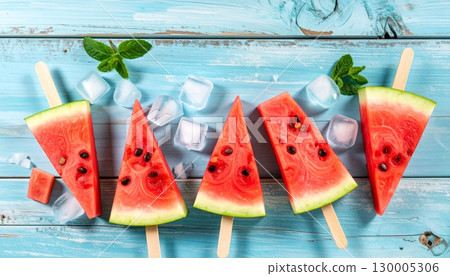 Ice pop watermelon on a blue background is a healthy and fresh summer fruit dessert Ice pop watermelon on a blue background is a healthy and fresh summer fruit dessert 130005306