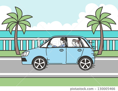 一家人駕車外出的場景，背景是夏日海邊 130005466