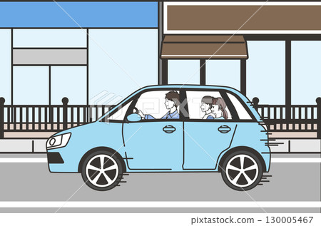 一家人駕車穿過城市街道和購物區的圖片 一家人駕車穿過城市街道和購物區的圖片 130005467