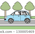 Mother drives with her children on a fun drive along a tree-lined road 130005469