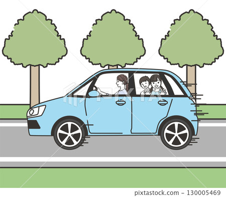 Mother drives with her children on a fun drive along a tree-lined road 130005469