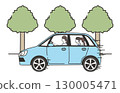 A car scene in which a mother drives with her child along a road lined with trees 130005471