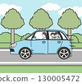 A driving scene with a mother driving and her child on a road with sky and trees 130005472