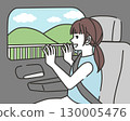 A driving scene where a girl is happy to see the mountain scenery from the car window 130005476