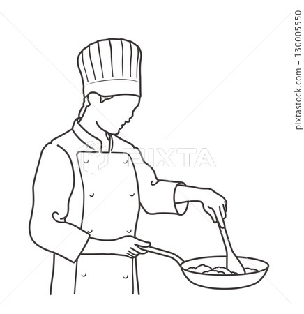 Vector line drawing illustration of a chef holding a frying pan 130005550