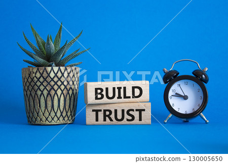 Build trust symbol. Wooden blocks with words Build trust. Beautiful blue background with alarm clock and succulent plant. Business and Build trust concept. Copy space. 130005650