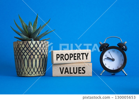 Property Values symbol. Wooden blocks with words Property Values. Beautiful blue background with alarm clock and succulent plant. Business and Property Values concept. Copy space. 130005653