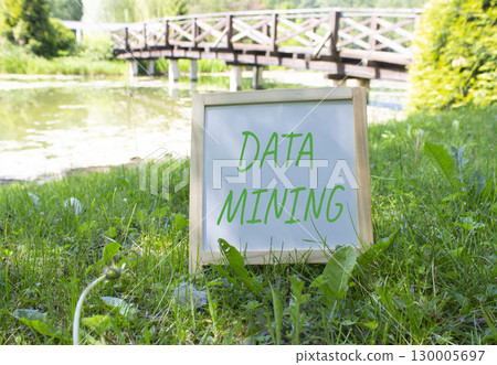 Data Mining symbol. Concept word Data Mining on white chalk blackboard. Beautiful meadow background. Business and Data Mining concept. Copy space. Data Mining symbol. Concept word Data Mining on white chalk blackboard. Beautiful meadow background. Business and Data Mining concept. Copy space. 130005697