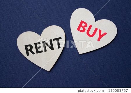 Rent or Buy symbol. Concept word Rent or Buy on wooden hearts. Beautiful deep blue background. Business and Rent or Buy concept. Copy space 130005767