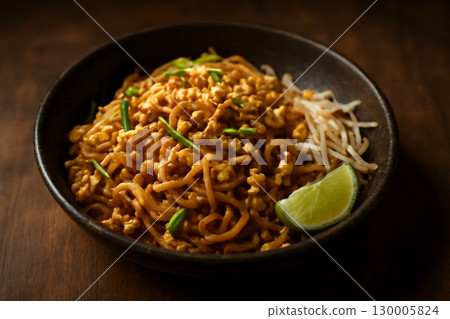 AI generated close-up of Pad Thai with egg, tofu, peanuts, lime, and bean sprouts. Presented on a rustic wooden table, capturing vibrant textures and fresh ingredients under warm moody lighting. 130005824