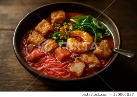 AI generated close-up shot of a vibrant Thai Yen Ta Fo with noodles, tofu, shrimp, and fresh herbs in a rustic bowl, set on a wooden table. Moody lighting highlights the rich textures and bold colors. AI generated close-up shot of a vibrant Thai Yen Ta Fo with noodles, tofu, shrimp, and fresh herbs in a rustic bowl, set on a wooden table. Moody lighting highlights the rich textures and bold colors. 130005837