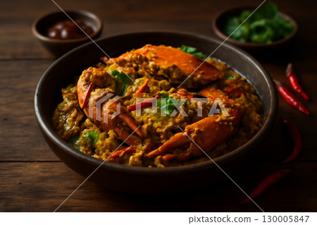 AI generated vibrant crab curry stir fry served in a rustic earth-toned bowl with fresh garnishes. The dish showcases rich textures and bold colors in a warm, moody atmosphere, evoking a sense 130005847