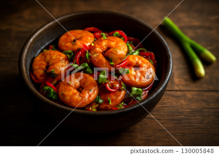 AI generated image of shrimp stir-fry in a rustic bowl with vibrant chili peppers and fresh vegetables. Moody lighting and rich textures showcase the dish freshness and heat. 130005848