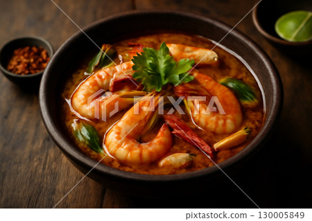 AI generated a hyper-realistic image of Tom Yum Goong, a vibrant Thai shrimp soup served in a rustic bowl, with fresh herbs and chili under moody lighting on a wooden table. 130005849