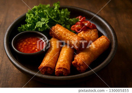 AI generated image of golden crispy Thai spring rolls served with fresh greens and chili dipping sauce. The rustic presentation highlights textures and contrasts with moody lighting, evoking warmth 130005855