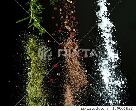 AI generated Rosemary oregano thyme black pepper and salt burst in whole and powdered forms colliding dramatically midair against pure black background Perfect for gourmet cooking meat preparation 130005938