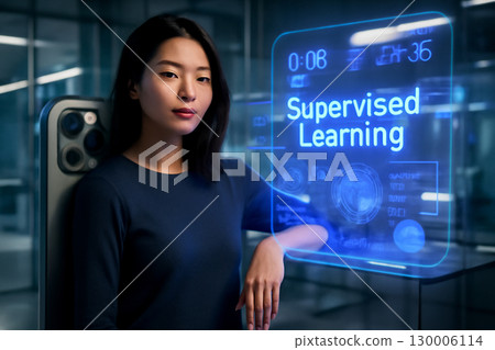 AI generated image of a confident young woman in a futuristic workspace surrounded by holographic data and technology, conveying a modern, professional, and innovative atmosphere. 130006114