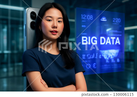 AI generated image of a young Asian woman standing confidently next to a futuristic smartphone with a hologram showing Big Data visualizations in a high-tech workspace. 130006115