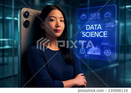AI generated futuristic workspace with young Asian woman interacting with holographic data, showcasing digital innovation, modern technology, and professional confidence in a sleek environment. 130006116