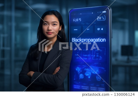 AI generated image of a confident young Asian woman in a futuristic office with a holographic smartphone display showcasing the word Backpropagation glowing blue and purple in the background. 130006124