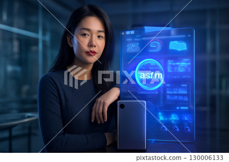 AI generated image of a confident Asian woman in a futuristic office with interactive holograms and a high-tech environment, featuring modern workspace elements and glowing digital interfaces. 130006133