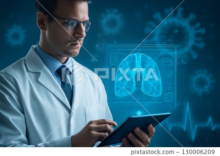 AI generated image showcasing a doctor interacting with a holographic display of circulatory system. The futuristic scene highlights advanced healthcare using AI technology for real-time diagnostics 130006209