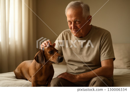 AI generated image of an elderly man gently petting his dachshund in a serene bedroom setting. The warm tones an intimate, peaceful atmosphere, highlighting the connection between them. 130006334