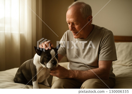 AI generated image of an elderly man with a Boston Terrier in a warm, peaceful bedroom. The intimate moment captures the bond between human and pet, radiating calm and tenderness. 130006335