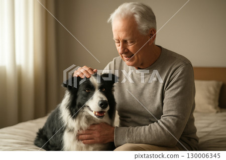 AI generated intimate moment of an elderly man gently petting a Border Collie on a soft bed in a cozy bedroom with natural light. The serene atmosphere captures warmth and connection between the two. 130006345