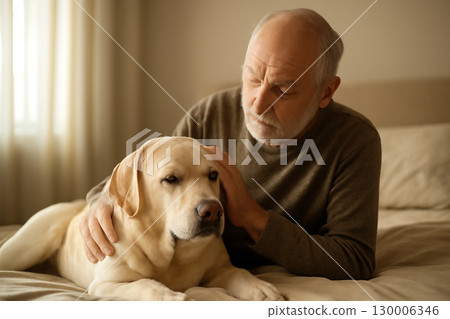AI generated intimate moment of an elderly man gently petting his Labrador Retriever on a beige bed in a cozy room with natural light. A serene and peaceful atmosphere captured in soft tones 130006346